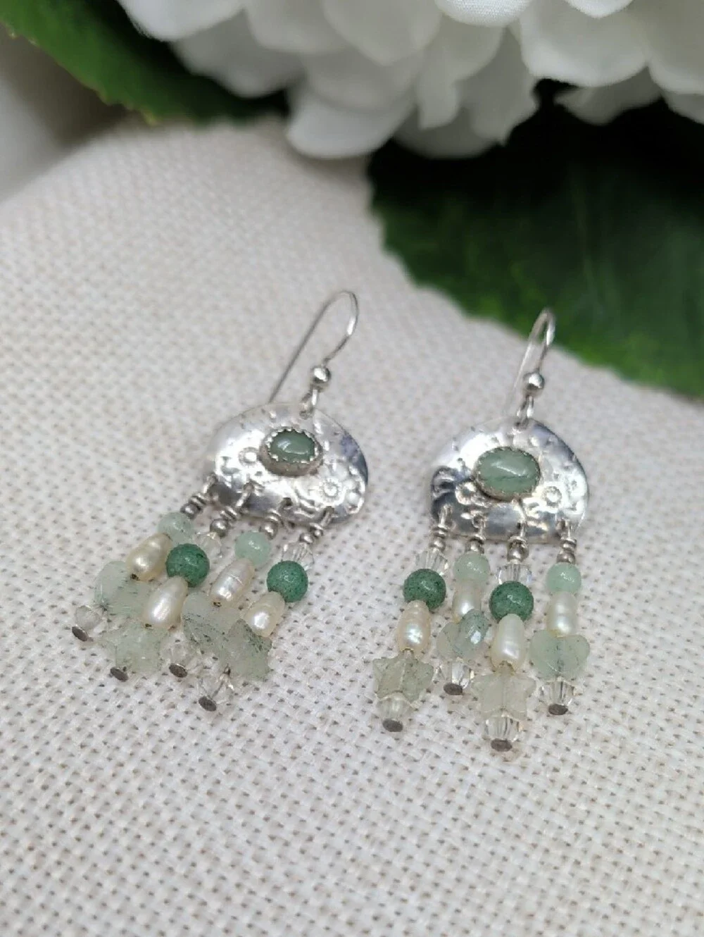 Vintage Hand-Hammered Artisan Silver Green Beaded Chandelier Drop Earrings